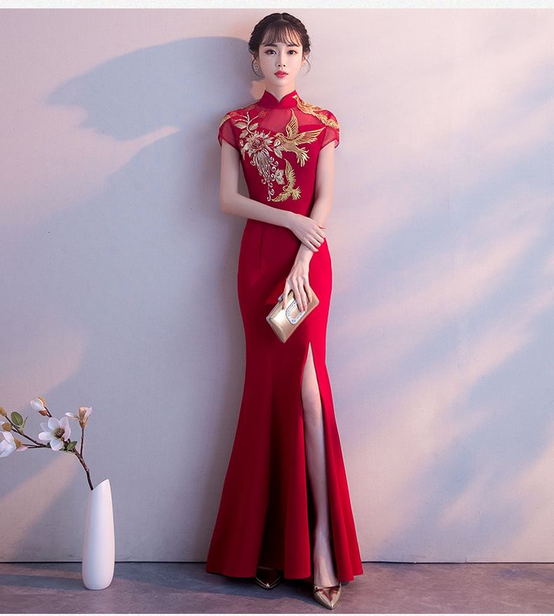 Traditional Chinese Cap-Sleeve Embroidered Mermaid Evening Gown SpreePicky