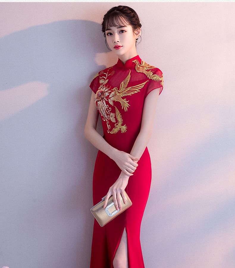 Traditional Chinese Cap-Sleeve Embroidered Mermaid Evening Gown SpreePicky