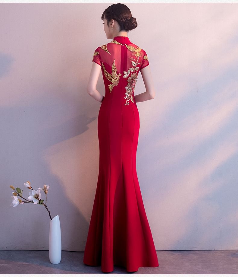 Traditional Chinese Cap-Sleeve Embroidered Mermaid Evening Gown SpreePicky