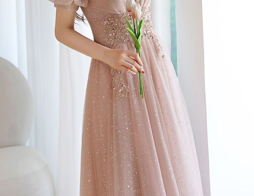 (Various Short-Sleeve Designs) A-Line Evening Gown Rhinestone Mesh FashionChic