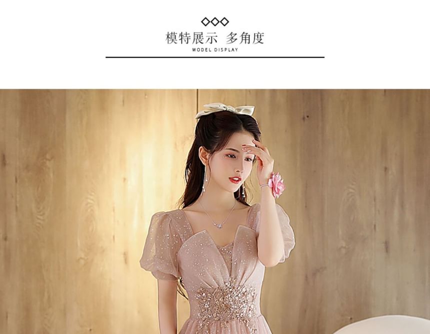 (Various Short-Sleeve Designs) A-Line Evening Gown Rhinestone Mesh FashionChic