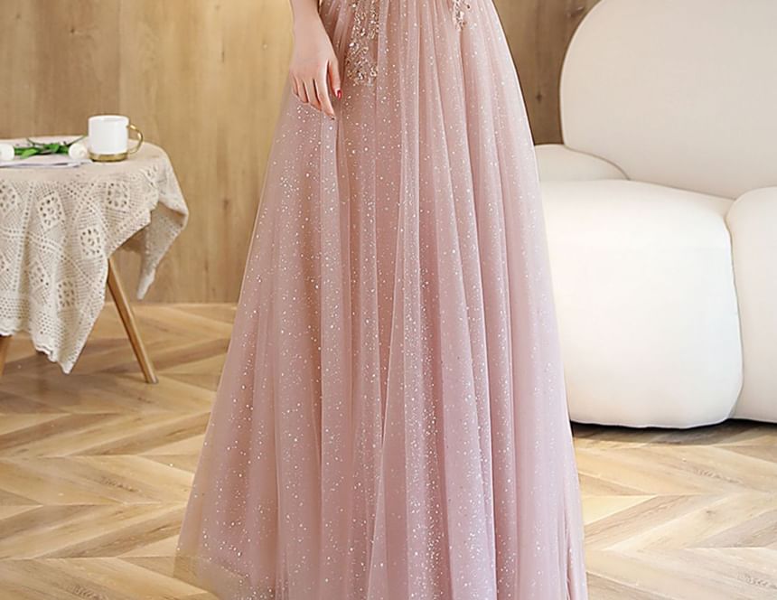 (Various Short-Sleeve Designs) A-Line Evening Gown Rhinestone Mesh FashionChic