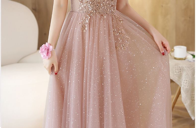 Short-Sleeve Rhinestone Mesh A-Line Evening Gown (Various Designs) SpreePicky