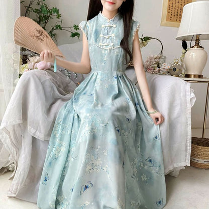 Cap-Sleeve Butterfly Print Lace Trim Maxi A-Line Dress mySite