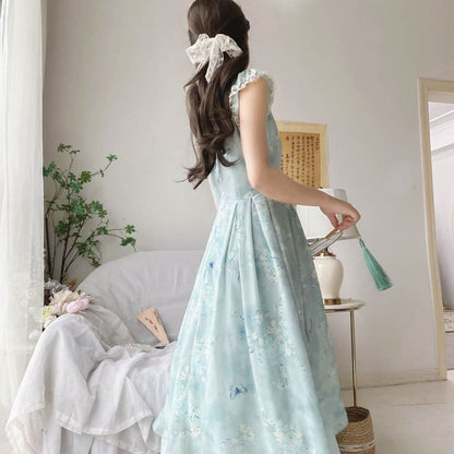 Cap-Sleeve Butterfly Print Lace Trim Maxi A-Line Dress mySite