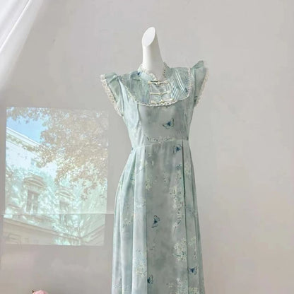 Cap-Sleeve Butterfly Print Lace Trim Maxi A-Line Dress mySite