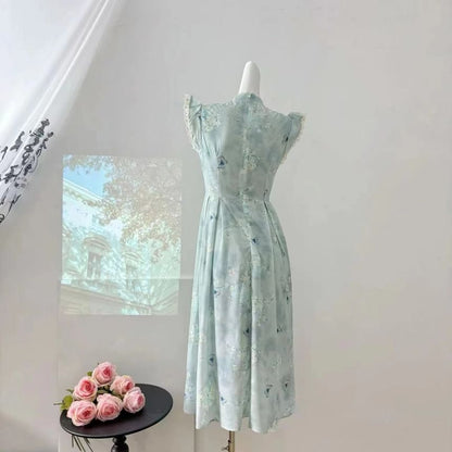 Cap-Sleeve Butterfly Print Lace Trim Maxi A-Line Dress mySite