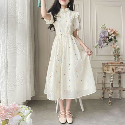 Puff-Sleeve Mock Neck Flower Embroidered Ruffle Midi A-Line Dress mySite