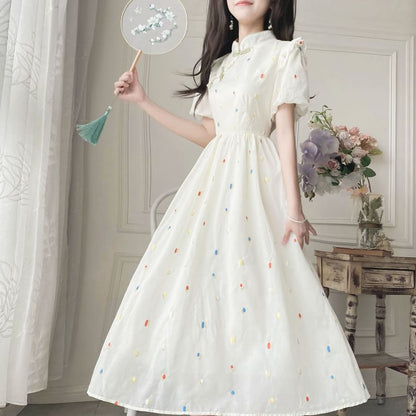 Puff-Sleeve Mock Neck Flower Embroidered Ruffle Midi A-Line Dress mySite