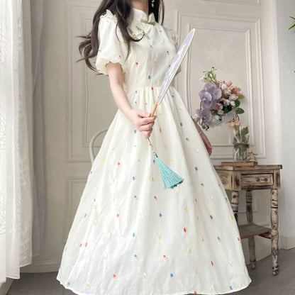 Puff-Sleeve Mock Neck Flower Embroidered Ruffle Midi A-Line Dress mySite