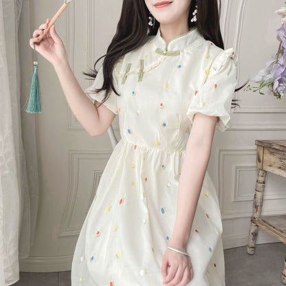 Puff-Sleeve Mock Neck Flower Embroidered Ruffle Midi A-Line Dress mySite