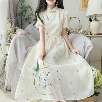 Puff-Sleeve Mock Neck Flower Embroidered Ruffle Midi A-Line Dress mySite