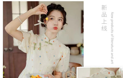 Puff-Sleeve Mock Neck Flower Embroidered Ruffle Midi A-Line Dress mySite