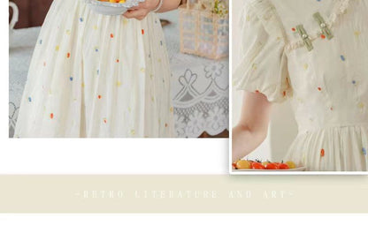 Puff-Sleeve Mock Neck Flower Embroidered Ruffle Midi A-Line Dress mySite