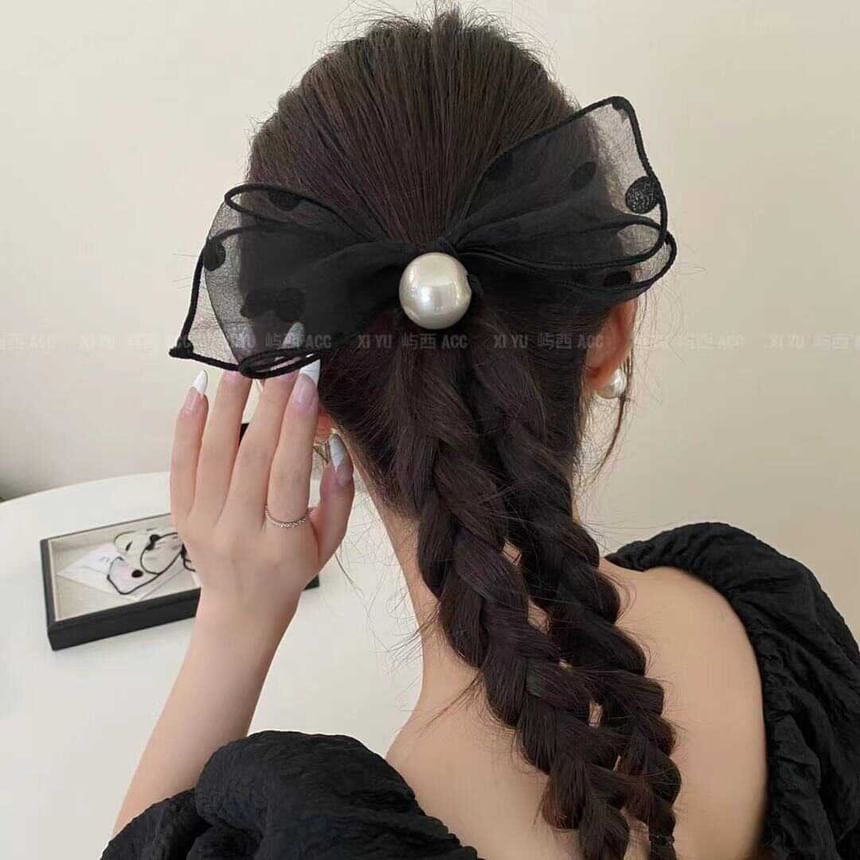 Dotted Bow Faux Pearl Hair Tie SpreePicky