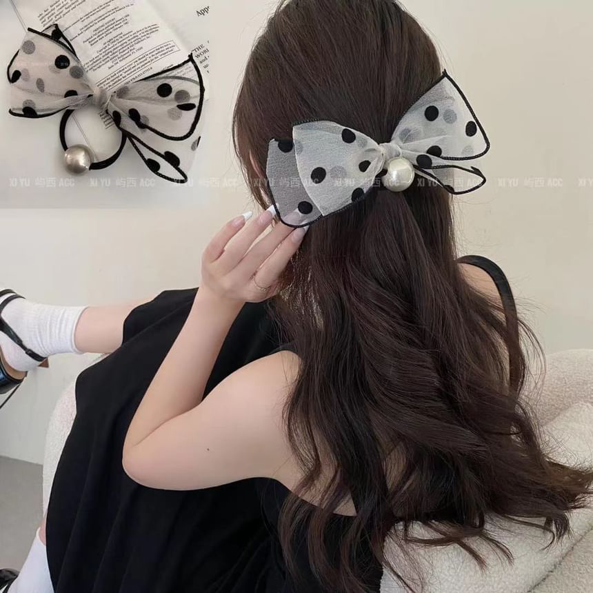 Dotted Bow Faux Pearl Hair Tie SpreePicky