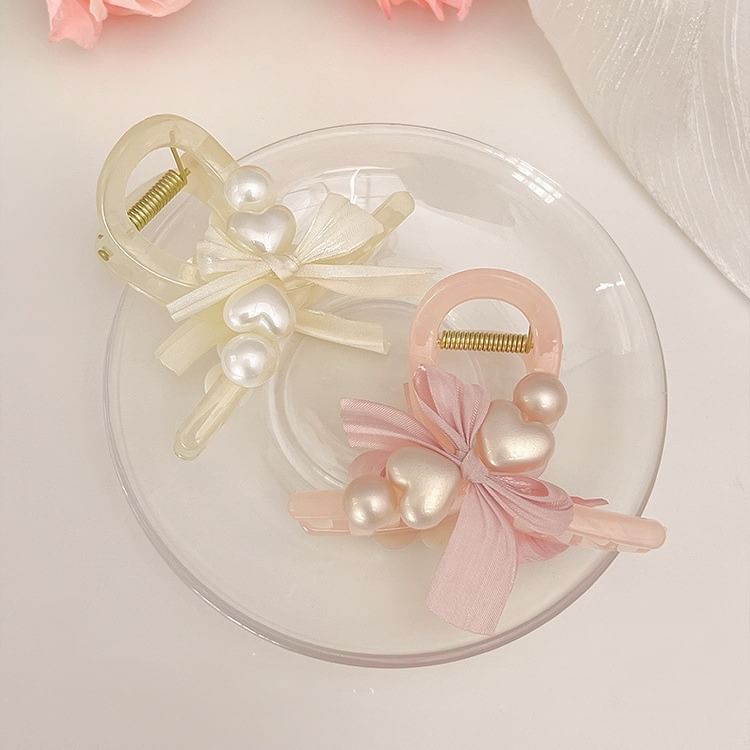 Heart Bow Faux Pearl Hair Claw SpreePicky