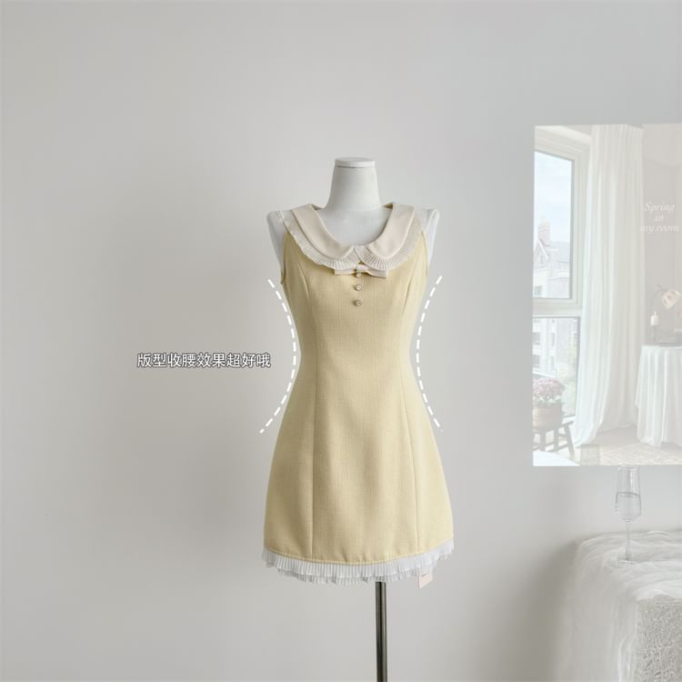 Sleeveless Peter Pan Collar Bow Accent Contrast Pleated Trim Mini A SpreePicky