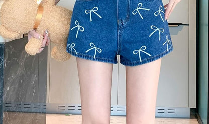 Bowknot Print High Waist Straight Cutting Denim Shorts Egirldoll