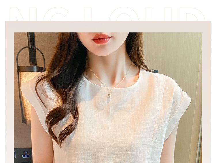 Sleeveless Linen Crew Neck Plain Top Egirldoll