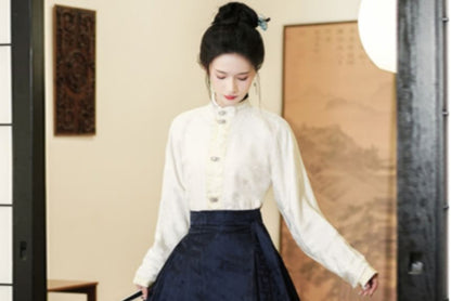 Long-Sleeve Plain Hanfu Top / High Waist Floral Maxi Ma Mian Skirt / Set SpreePicky