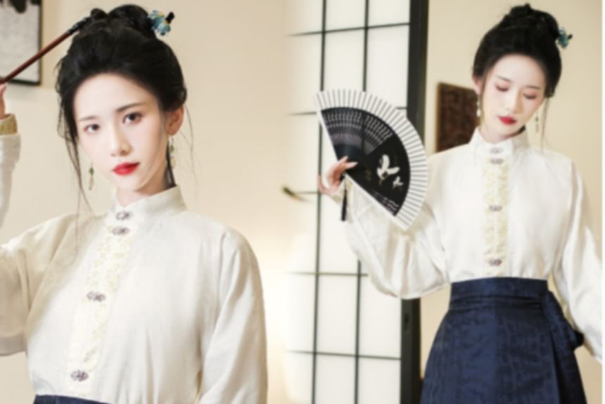 Long-Sleeve Plain Hanfu Top / High Waist Floral Maxi Ma Mian Skirt / Set SpreePicky