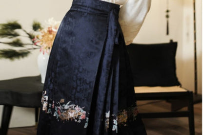 Long-Sleeve Plain Hanfu Top / High Waist Floral Maxi Ma Mian Skirt / Set SpreePicky