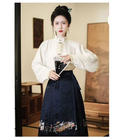 Long-Sleeve Plain Hanfu Top / High Waist Floral Maxi Ma Mian Skirt / Set SpreePicky