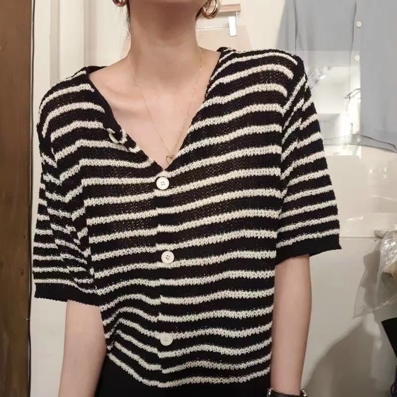 Short-Sleeve Striped Button-Up Cardigan SpreePicky