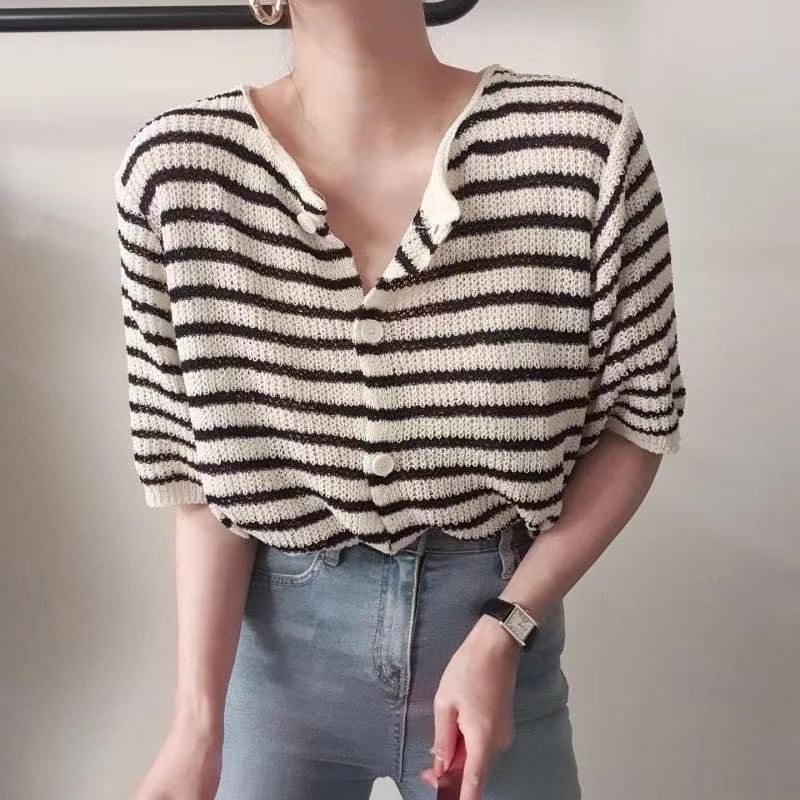 Short-Sleeve Striped Button-Up Cardigan SpreePicky