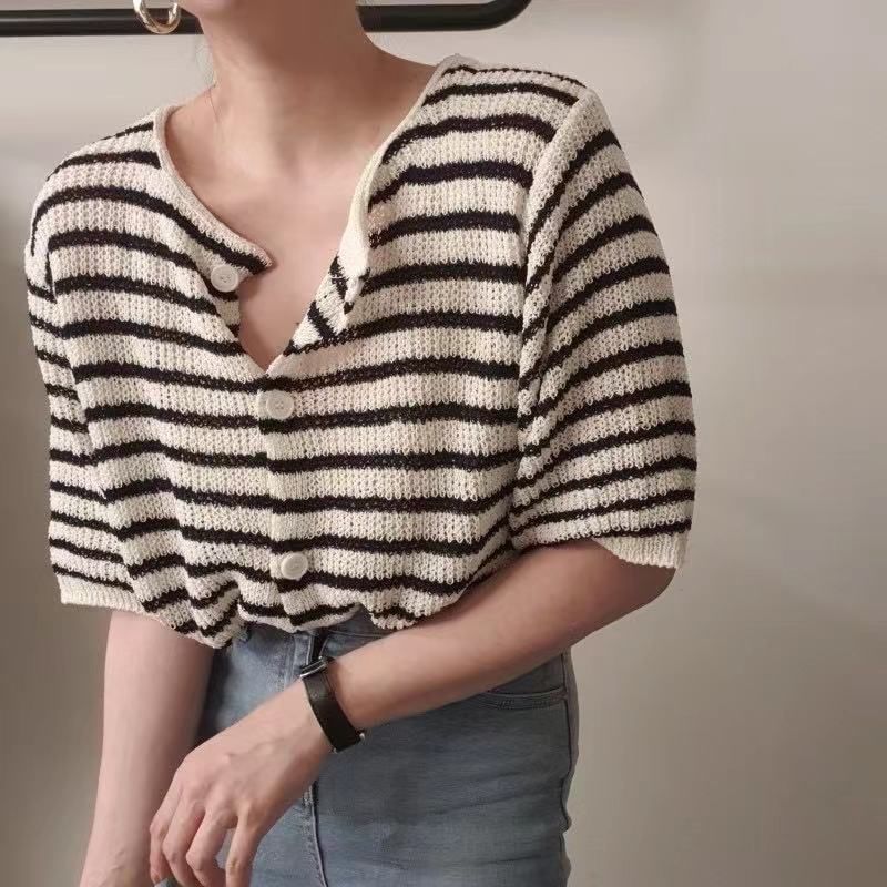 Short-Sleeve Striped Button-Up Cardigan SpreePicky