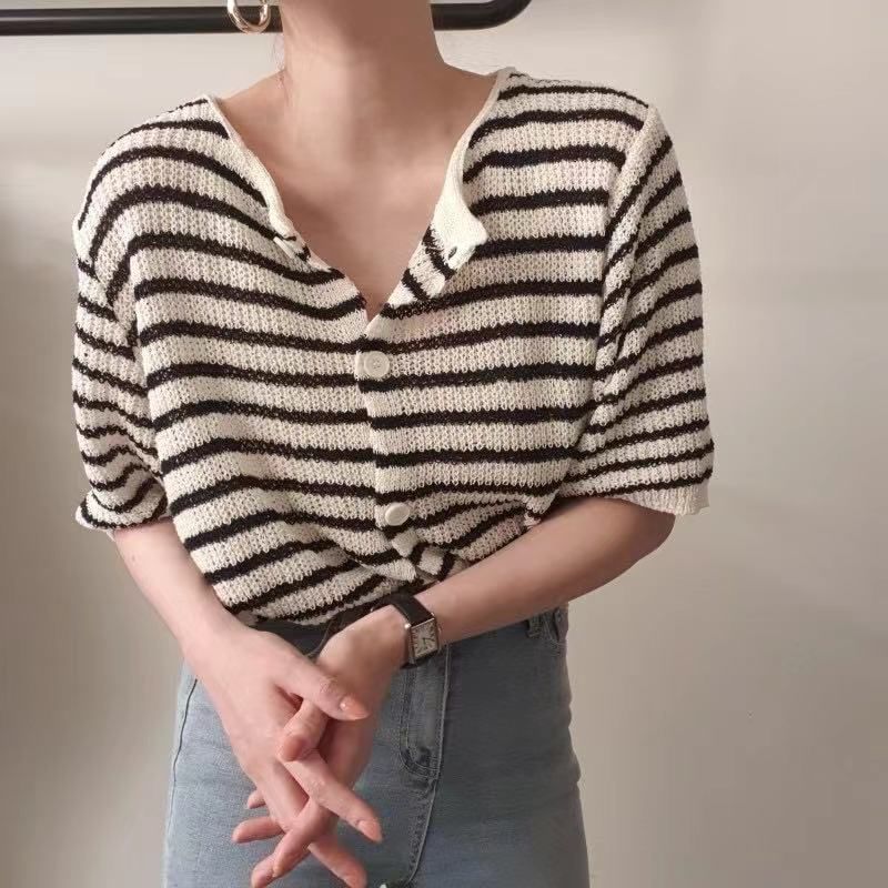 Short-Sleeve Striped Button-Up Cardigan SpreePicky