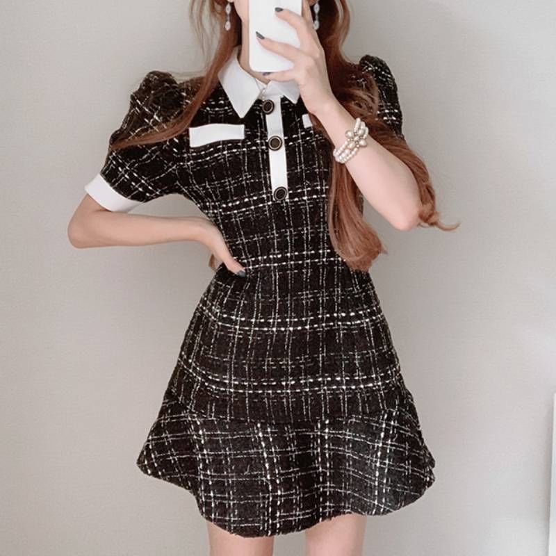 Short-Sleeve Collared Tweed Mini A-Line Dress SpreePicky