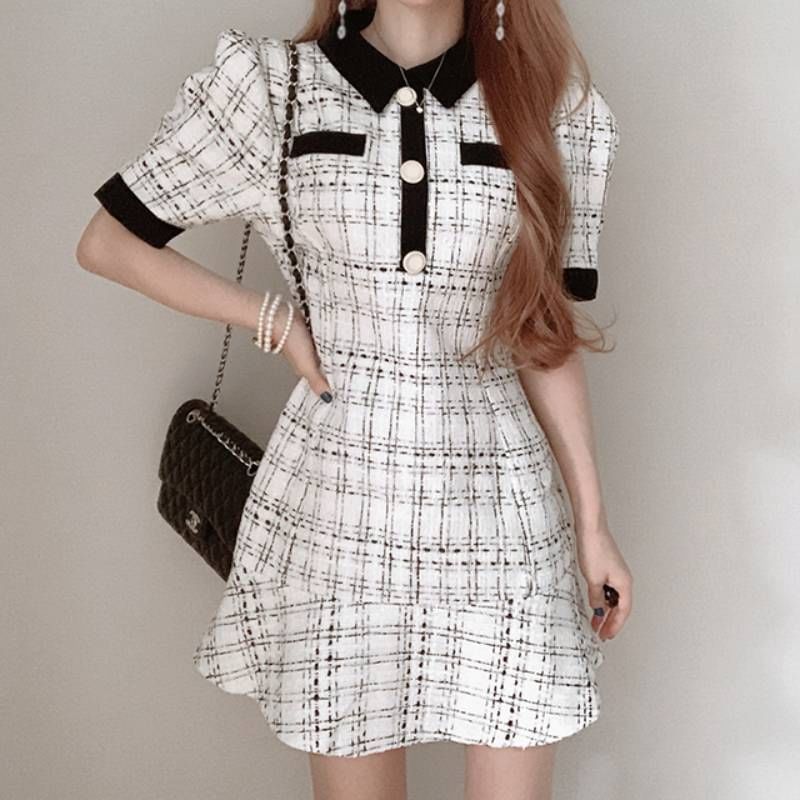 Short-Sleeve Collared Tweed Mini A-Line Dress SpreePicky