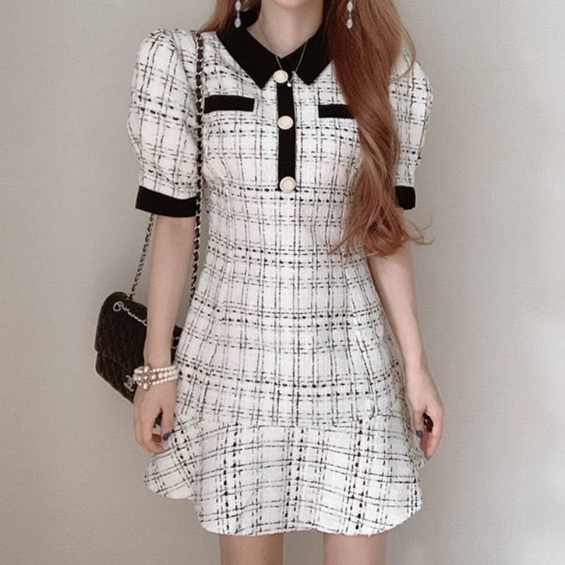 Short-Sleeve Collared Tweed Mini A-Line Dress SpreePicky