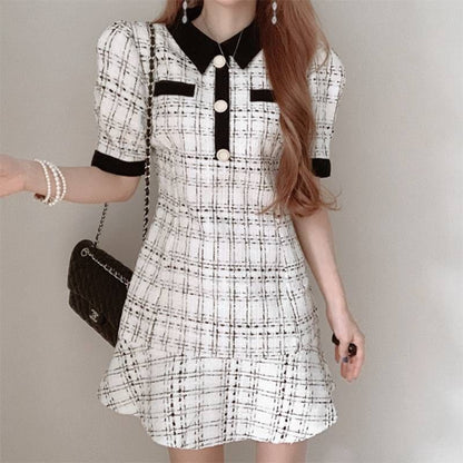 Short-Sleeve Collared Tweed Mini A-Line Dress SpreePicky