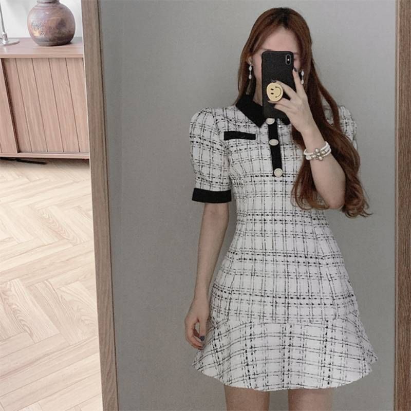 Short-Sleeve Collared Tweed Mini A-Line Dress SpreePicky