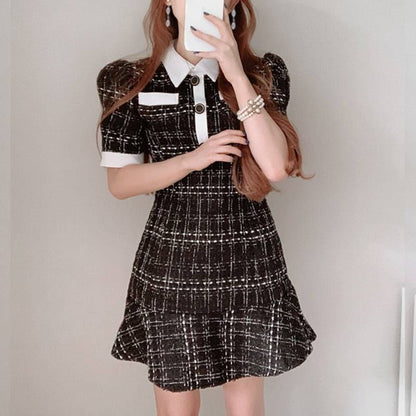 Short-Sleeve Collared Tweed Mini A-Line Dress SpreePicky