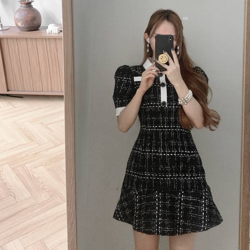 Short-Sleeve Collared Tweed Mini A-Line Dress SpreePicky