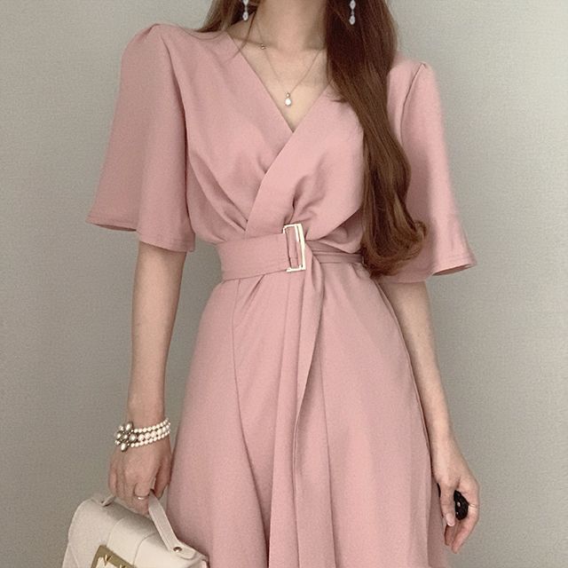 Short-Sleeve V-Neck Wrapped Plain Midi A-Line Dress SpreePicky