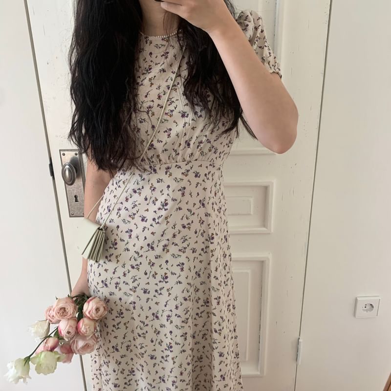 Short Sleeve Crewneck Floral Print Maxi A-Line Dress SpreePicky