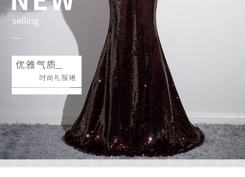 Halter Sequin Panel Mesh Mermaid Evening Gown SpreePicky