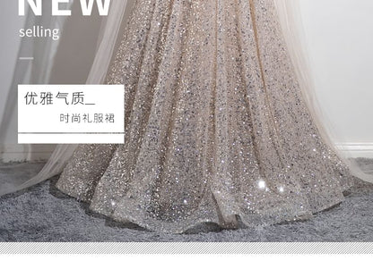 Sleeveless Round Neck Sequin Bow Mesh A-Line Evening Gown SpreePicky