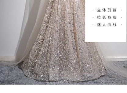 Sleeveless Round Neck Sequin Bow Mesh A-Line Evening Gown SpreePicky