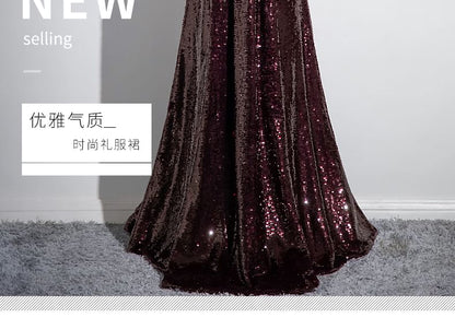 Short-Sleeve Off Shoulder Plain Rhinestone Sequin A-Line Evening Gown SpreePicky