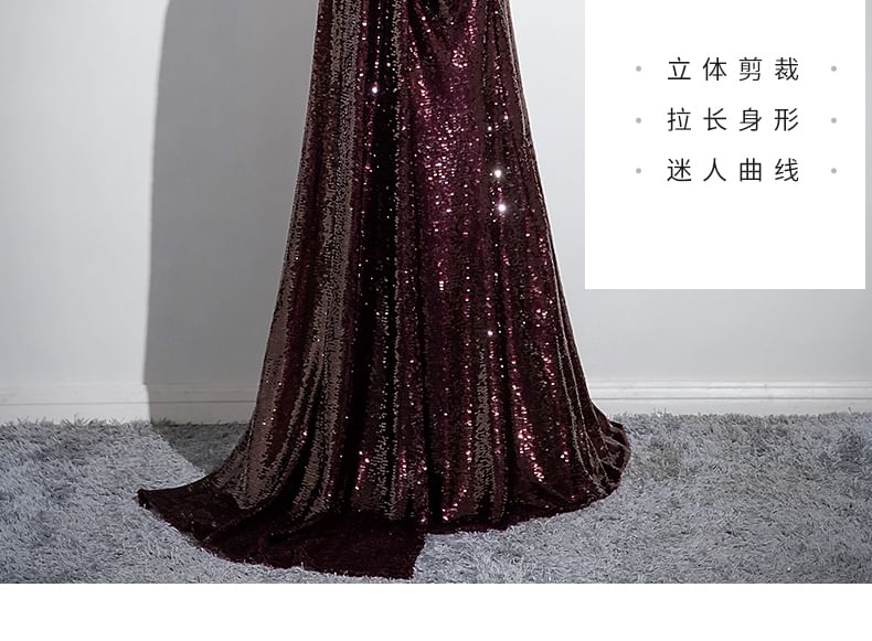 Short-Sleeve Off Shoulder Plain Rhinestone Sequin A-Line Evening Gown SpreePicky