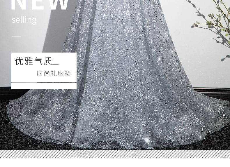 Halter Plain Sequin Mesh A-Line Evening Gown SpreePicky