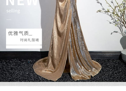 Bow Sequin Slit Trumpet Tube Evening Gown SpreePicky