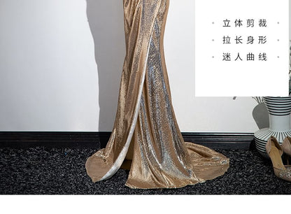 Bow Sequin Slit Trumpet Tube Evening Gown SpreePicky