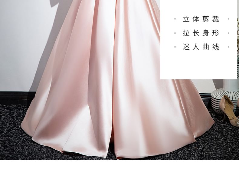 Short-Sleeve Square Neck Two Tone Bow Panel Satin A-Line Evening Gown SpreePicky